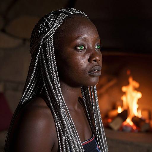 Photograph of a dark-skinned woman with silver braids, glowing green eyes, and a black top, standing in front of a warmly lit fireplace