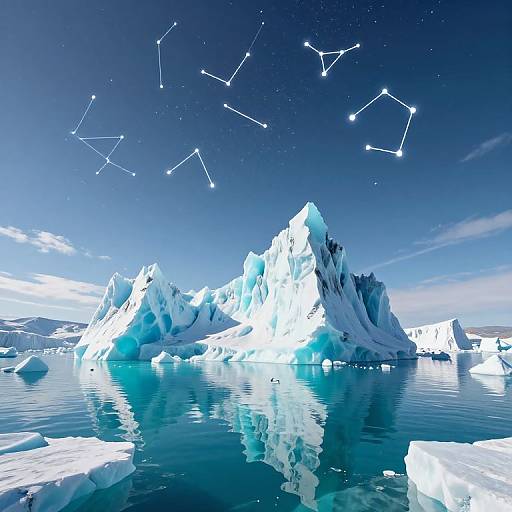 Photorealistic image of glowing constellation over icy blue mountain peaks reflected in calm Arctic water, with clear, starry night sky.