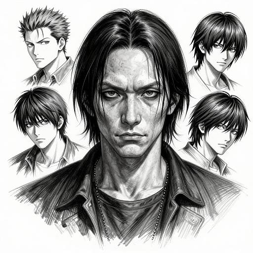 Black-and-white digital drawing of six intense, serious men with dark hair, varying expressions, and similar angular, handsome features. Central figure prominently displayed,