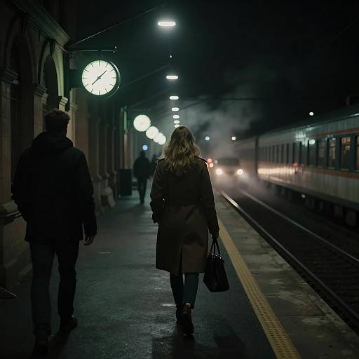 Nighttime Train Station with Woman Walking
