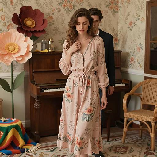 Woman in floral dress standing by piano with man in background