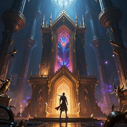 Digital fantasy artwork of a silhouetted warrior with a sword, standing before a glowing, ornate cathedral with vibrant stained glass and towering columns in