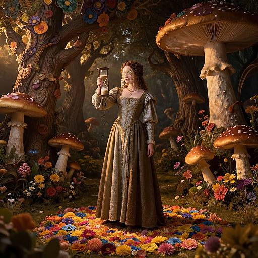 Renaissance Woman in Surreal Mushroom Forest