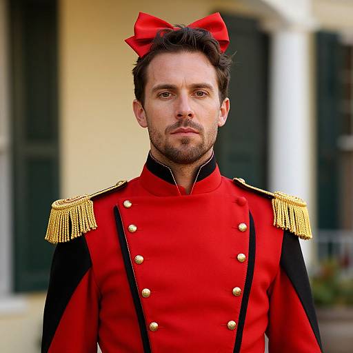 Photograph of a handsome, bearded man in a red military uniform with black accents and gold epaulettes, wearing a red bow on his