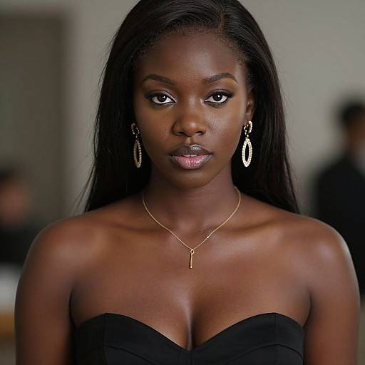 Photograph of a beautiful Black woman with long straight hair, wearing a strapless black dress, gold necklace, and dangling earrings, looking directly at the