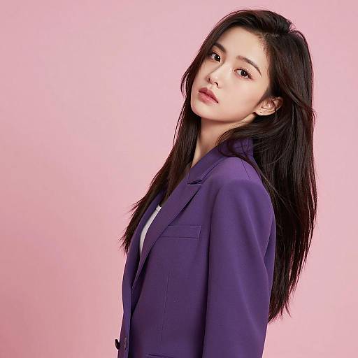 Young Woman in Purple Blazer on Pink Background