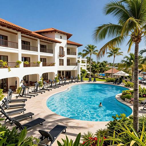 Photograph of a sunny resort pool with curved blue water, white multi-story building, red-tiled roof, black lounge chairs, palm trees, and
