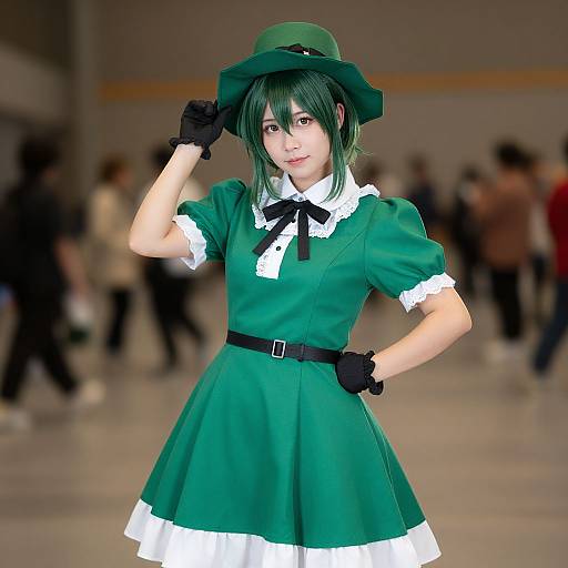 Digital anime-style photograph of a green-haired woman in a green dress with white trim, black gloves, and hat, posing confidently in a blurred indoor setting