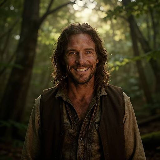 Photograph of a smiling, rugged, long-haired man with a beard in a forest, wearing a worn, brown shirt and vest, sunlight filtering through