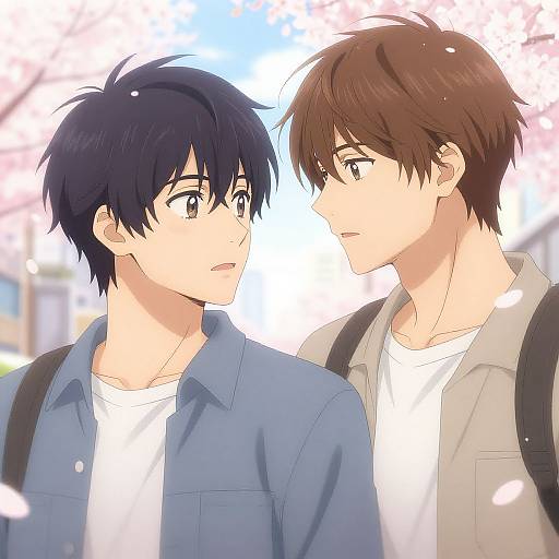 Anime-style digital drawing of two young men with short black and brown hair, wearing blue and beige shirts, standing close, facing each other, with cherry