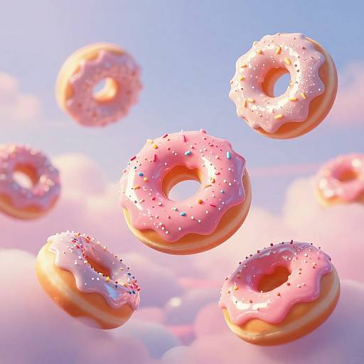 Digital artwork of floating pink-frosted donuts with white and colorful sprinkles, set against a soft blue and pink gradient sky.