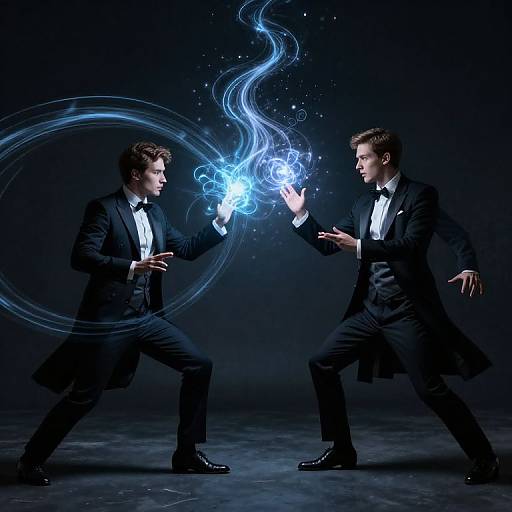 Photograph of two suited men in black tuxedos, facing each other, conjuring blue, swirling magical energy between their outstretched hands