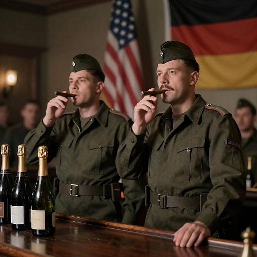 Soldiers Toasting in Dimly Lit Bar