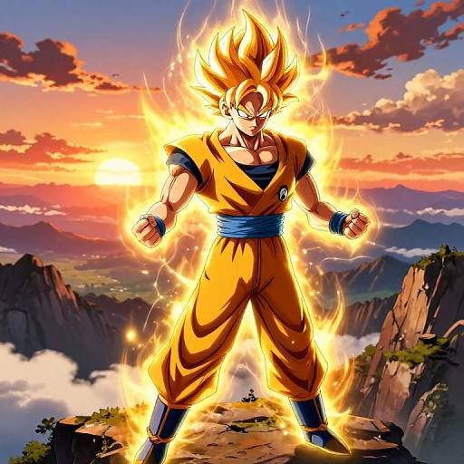 Digital artwork of Super Saiyan Goku glowing with electricity, standing on a mountain peak at sunset, with a dramatic cloudy sky.