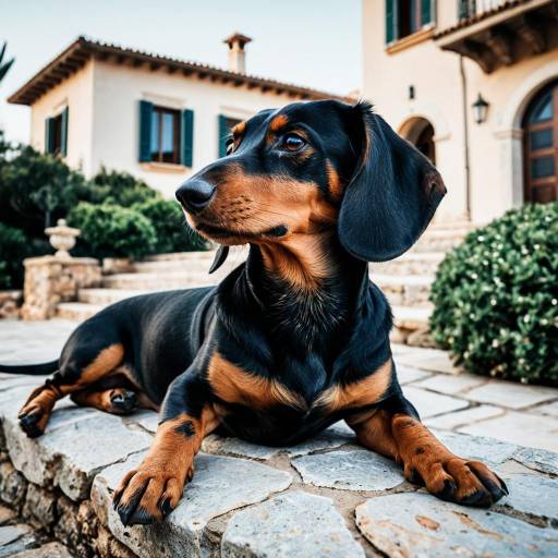 Dachshund resting outside Mediterranean villa Dachshund resting outside Mediterranean villa