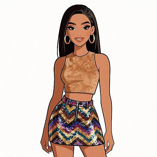 Digital illustration of a young woman with long black hair, wearing a tan velvet crop top and a colorful, shimmering chevron skirt, large hoop earrings