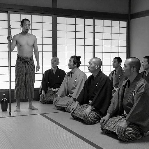 Traditional Japanese Gathering in Black and White