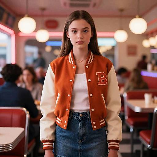 Teenage Girl in Vintage Varsity Jacket at Neon Diner