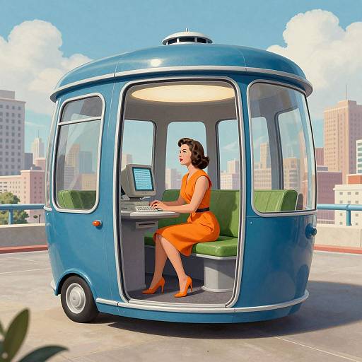 Photograph of a retro-style, blue, bubble-shaped, mobile office with a woman in an orange dress and heels, working on a laptop, on