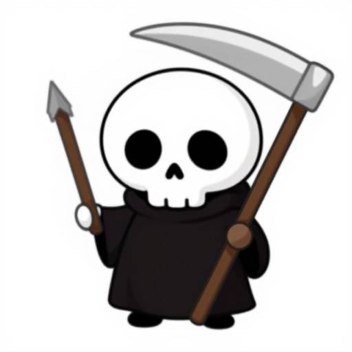 Chibi-style drawing of a cute, white-skulled Grim Reaper with black robe, holding a large silver scythe with brown handle.