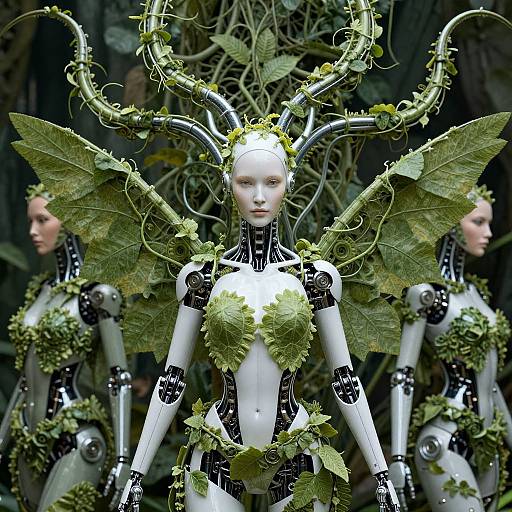 Photograph of three pale, robotic, fairy-like figures with large green leafy wings and intricate vine headpieces, standing in a dark, forested