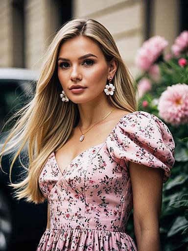 Elegant Blonde in Pink Midi Dress