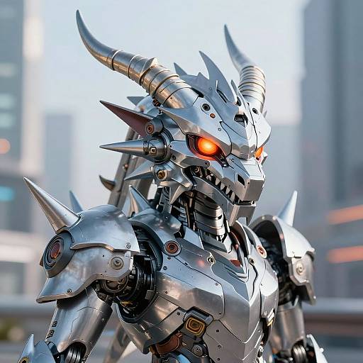 Photorealistic CGI of a silver, horned, robotic dragon with glowing orange eyes, spiked armor, and intricate mechanical details, set against a blurred