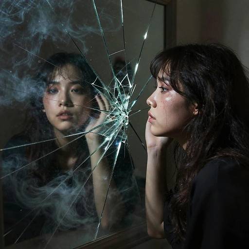 Photograph of a distressed Asian woman with long, dark hair, her reflection shattering a mirror with a smoke-like crack effect.
