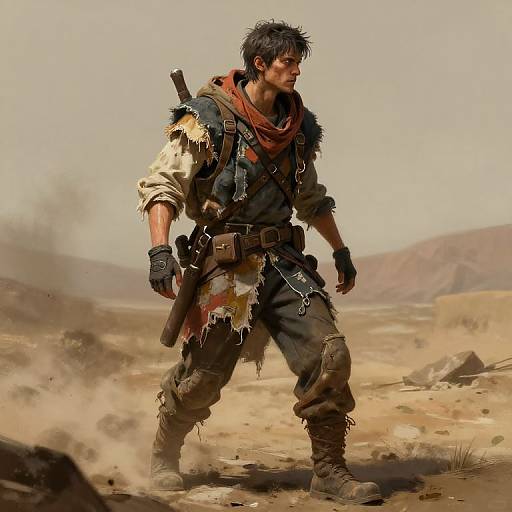 Digital artwork of a rugged, muscular man in tattered, desert gear with a backpack, holding a gun, standing in a dusty, barren landscape.