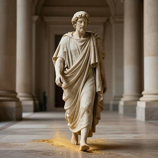 Photograph of a classical marble statue of a bearded man in a draped robe, standing on a marble floor, with sparkles at his feet,