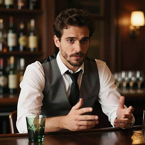 Photograph of a handsome, dark-haired man with a beard, wearing a white shirt, black vest, and tie, gesturing at a bar counter