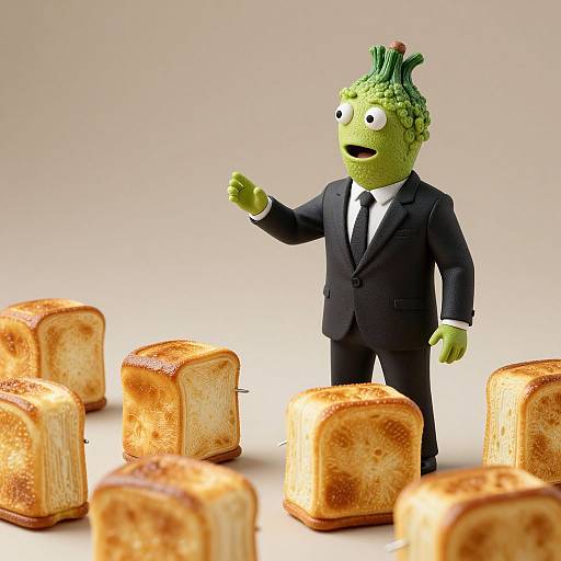 Photograph of a green, cephalopod-like creature in a black suit and tie, pointing at six golden-brown, toasted bread slices on