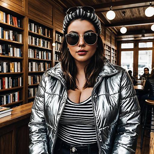 Stylish Woman in Silver Puffer Jacket at Bookstore Cafe