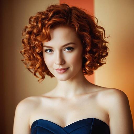 Young Woman with Curly Red Hair in Navy Evening Dress