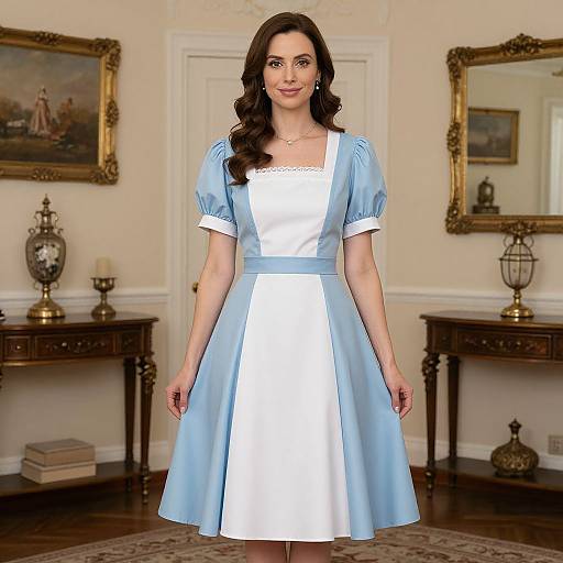 Photograph of a woman with long brown hair in a light blue and white Alice in Wonderland-style dress, standing in an elegantly furnished room with framed