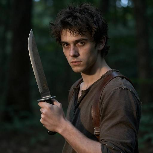 Young Man Holding Large Knife in Forest