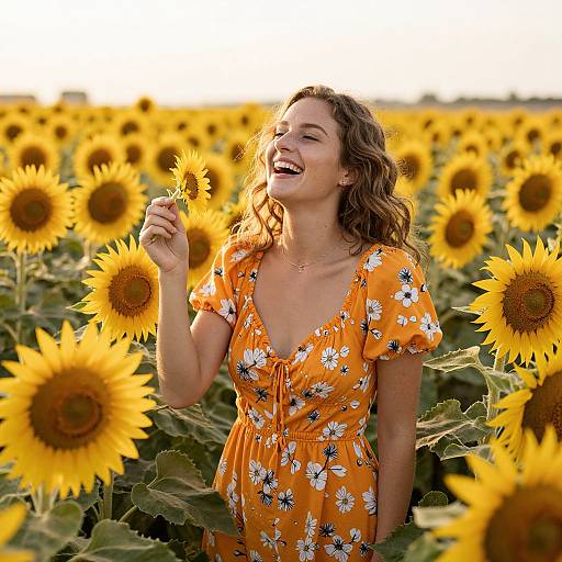 Photograph of a smiling young woman with wavy brown hair, wearing an orange floral dress, holding a sunflower in a vibrant sunflower field at