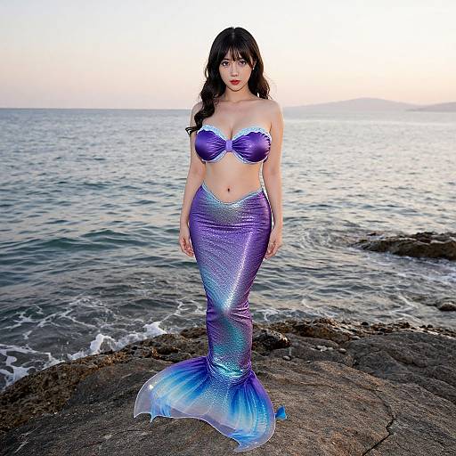 Photograph of a fair-skinned, black-haired woman with a purple and blue mermaid tail, standing on rocky shore at sunset, wearing a shiny
