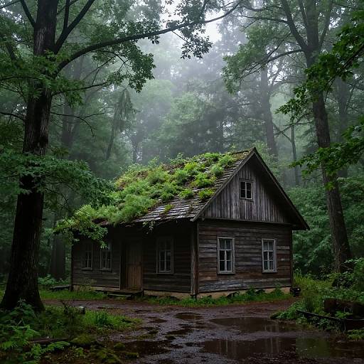 Photorealistic Abandoned Wooden House in Misty Forest
