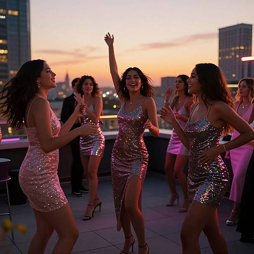 Photograph of seven women dancing on a rooftop at sunset, wearing shimmering silver and pink dresses, raising arms joyfully, cityscape in background.