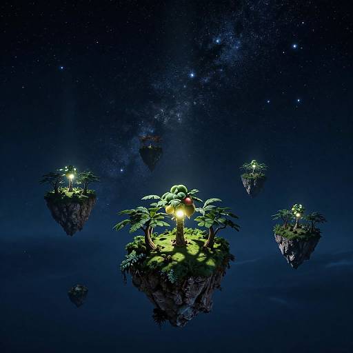 Fantasy digital artwork of floating islands with glowing lights, lush greenery, and small red orbs, set against a starry, cosmic night sky.