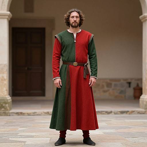 Photograph of a bearded man with curly brown hair, wearing a red and green medieval-style tunic, standing in a stone courtyard with arches