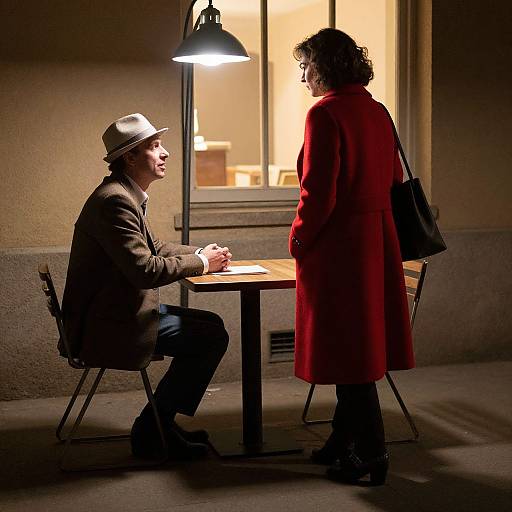 Photograph: Dimly lit café; man in brown suit, fedora, sitting, smiling at woman in red coat, black bag, standing,
