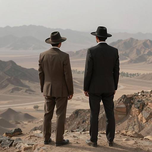 Men in Hats Overlooking Desert Landscape