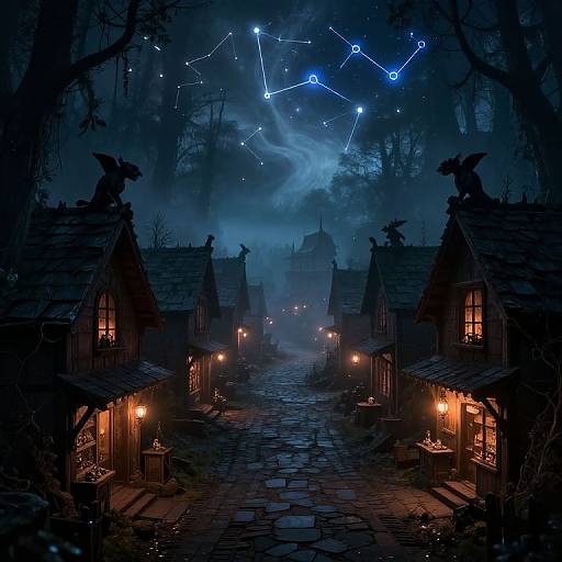 Mystical night scene: cobblestone path lined with wooden cottages with glowing lanterns, under a starry, constellation-filled sky in a