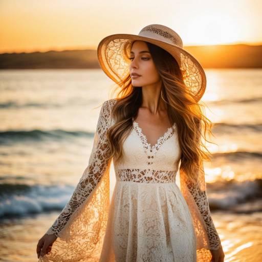 Woman in White Lace Dress and Sun Hat at Sunset Beach