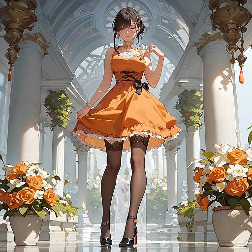 Anime-style digital illustration of a black-haired woman in an orange dress, black stockings, and heels, standing in a sunlit, arched, floral