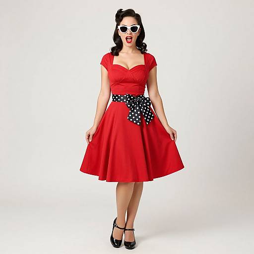 Photograph of a curvy woman in a vibrant red, vintage-style dress with a polka dot belt, black heels, and white sunglasses.