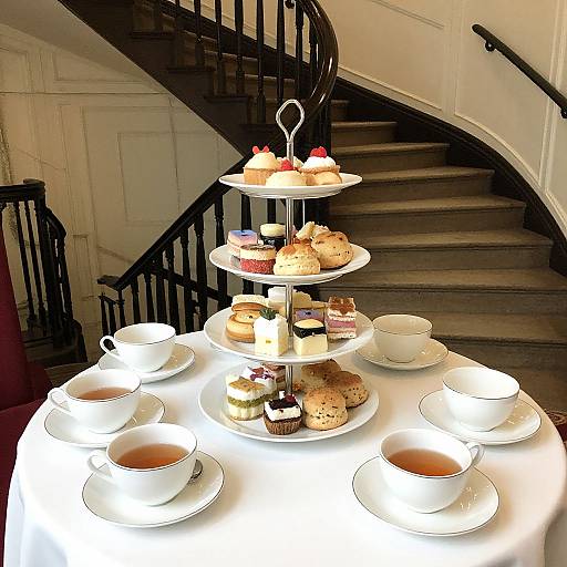 Photograph of a lit, three-tiered dessert stand with assorted pastries and scones, surrounded by white teacups and saucers