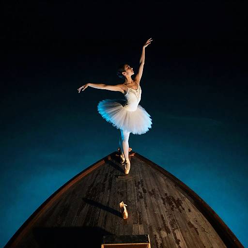 Ballerina Dancing on Ship's Bow at Night